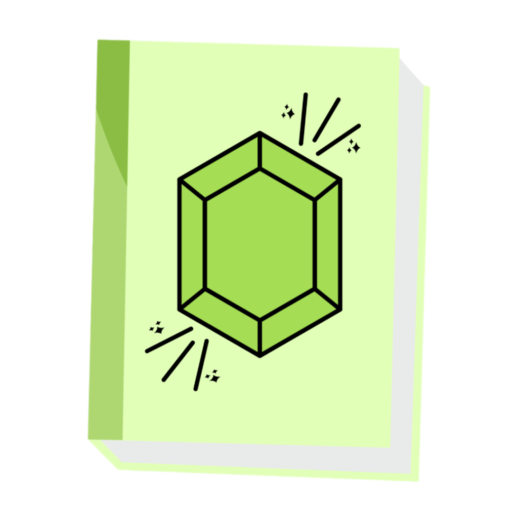 A green book with a peridot gemstone on the front