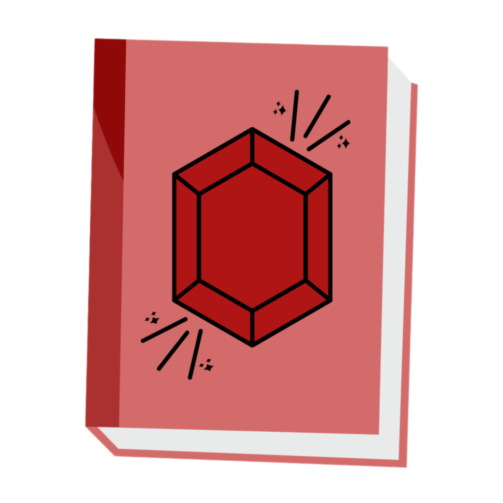 A red book with a garnet gemstone on the front