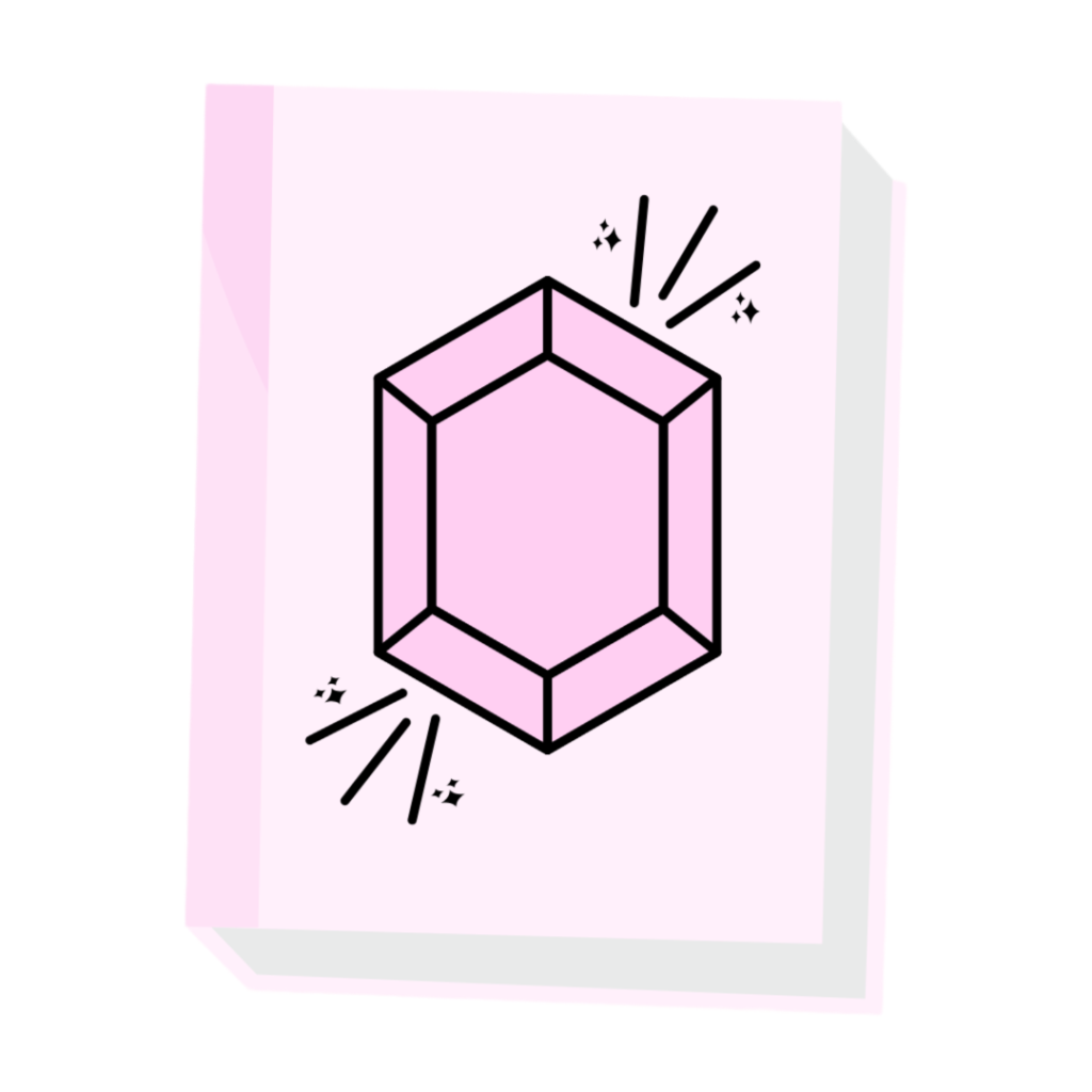 A pink book with a rose quartz gemstone on the front