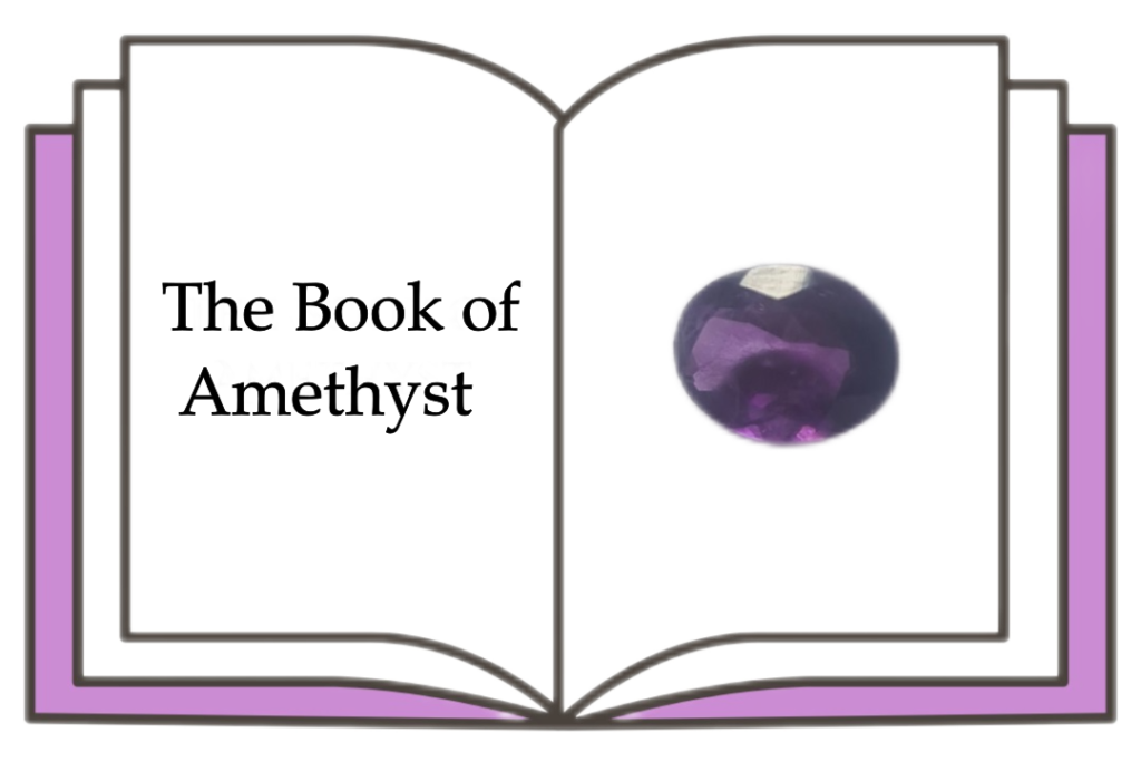An open purple book with an amethyst gemstone illustration