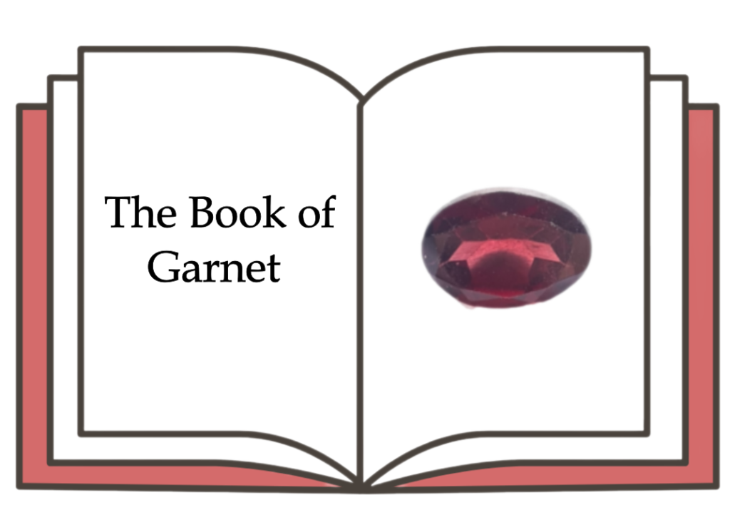 An open red book with a garnet illustration