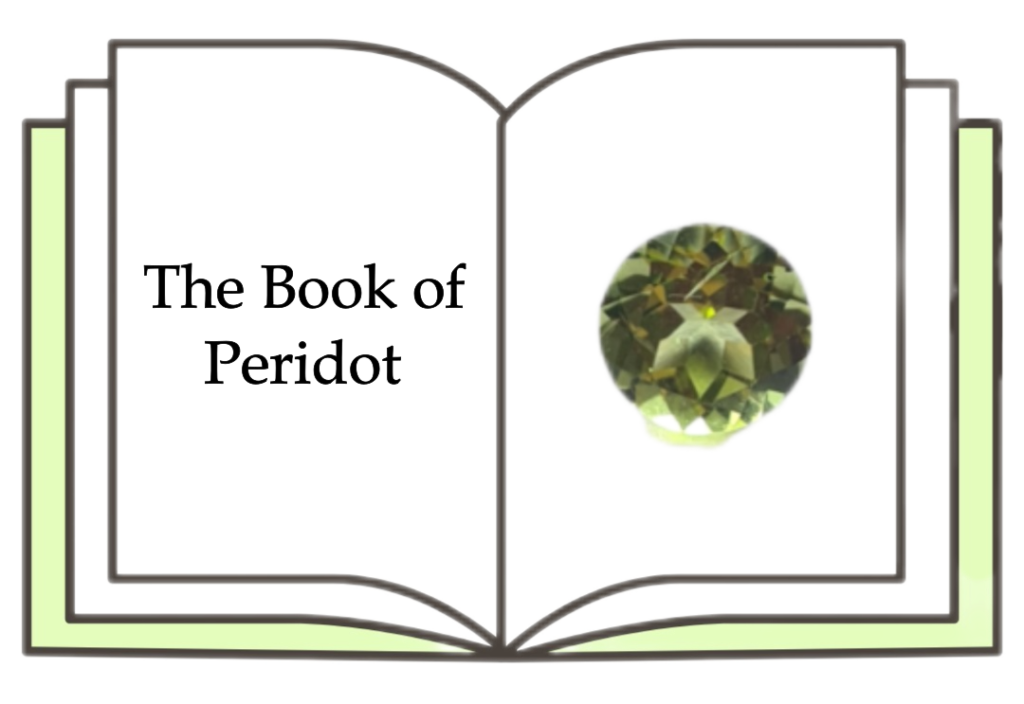 An open green book with a peridot gemstone illustration