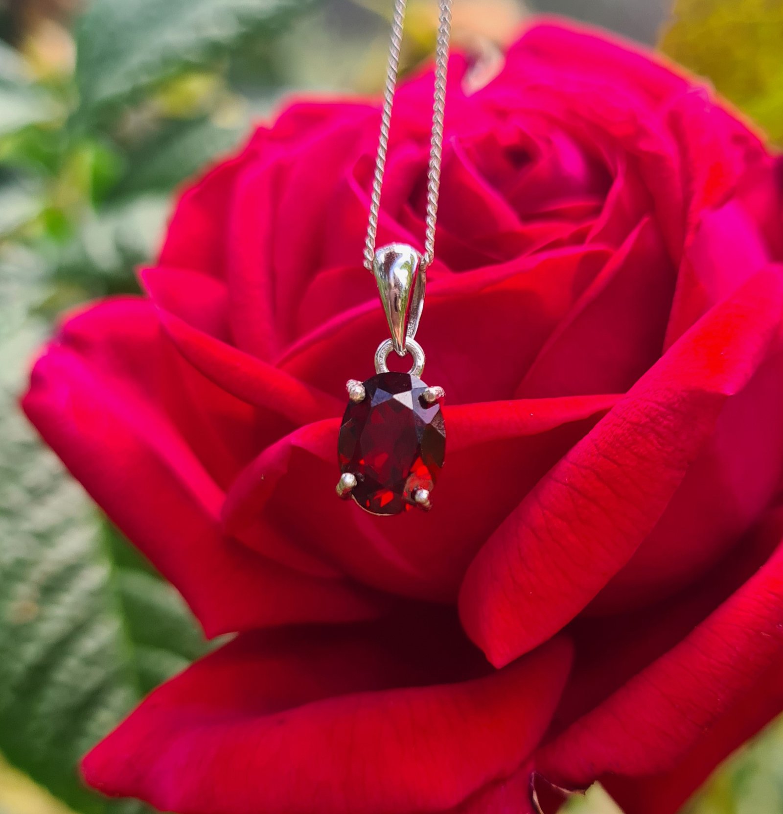 Garnet Pendant with Rose Background Jemagic Garnet Pendant with Red Rose Background