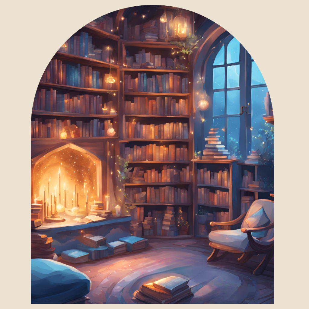 A Door to a Cosy Library with Books and a Fireplace