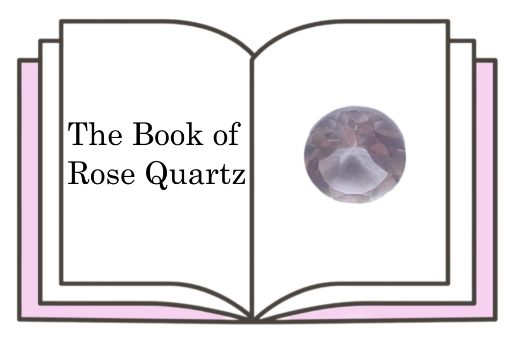 An open pink book with a rose quartz gemstone illustration