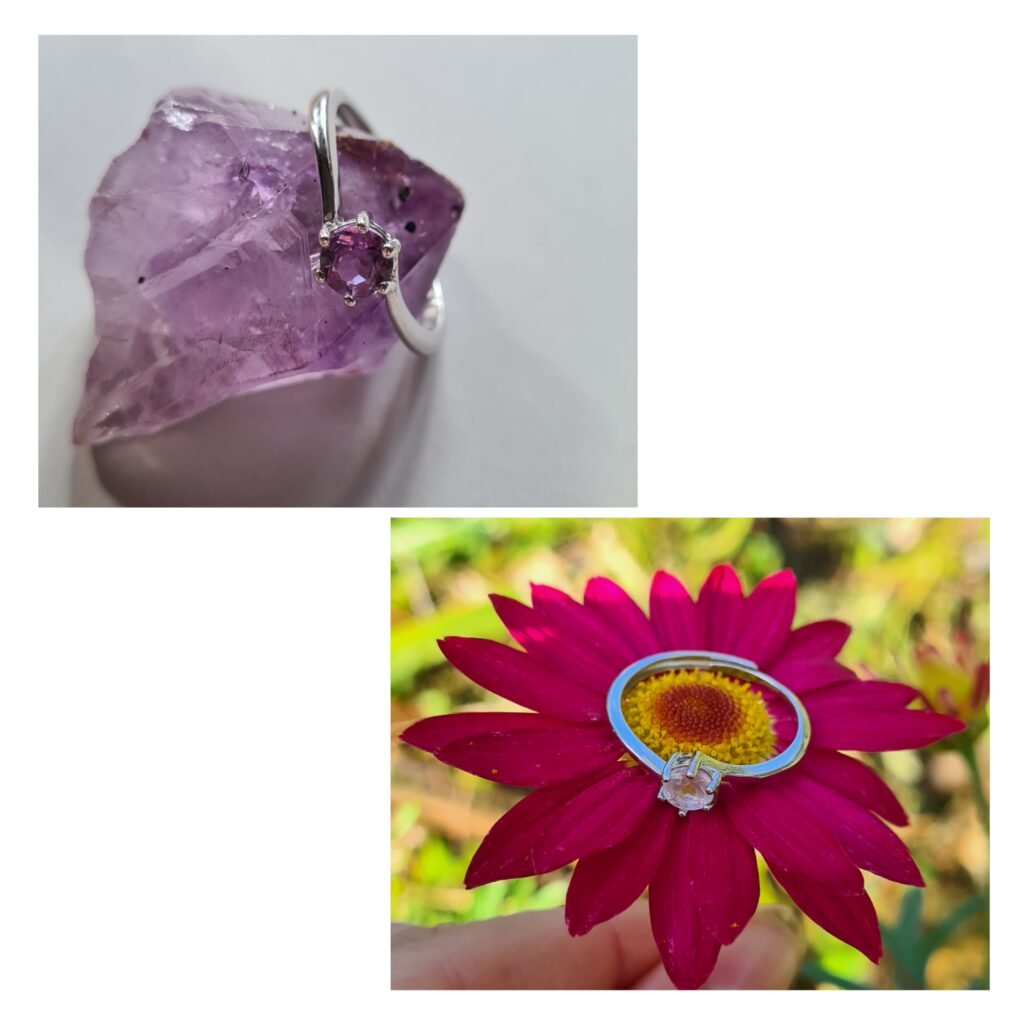 Jemagic amethyst ring on crystal and rose quartz ring on flower