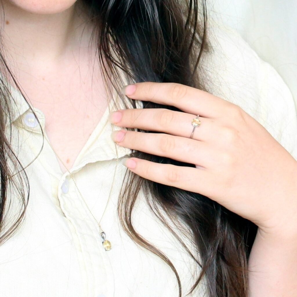 Jemagic Instagram post featuring a model wearing a Jemagic citrine pendant and ring